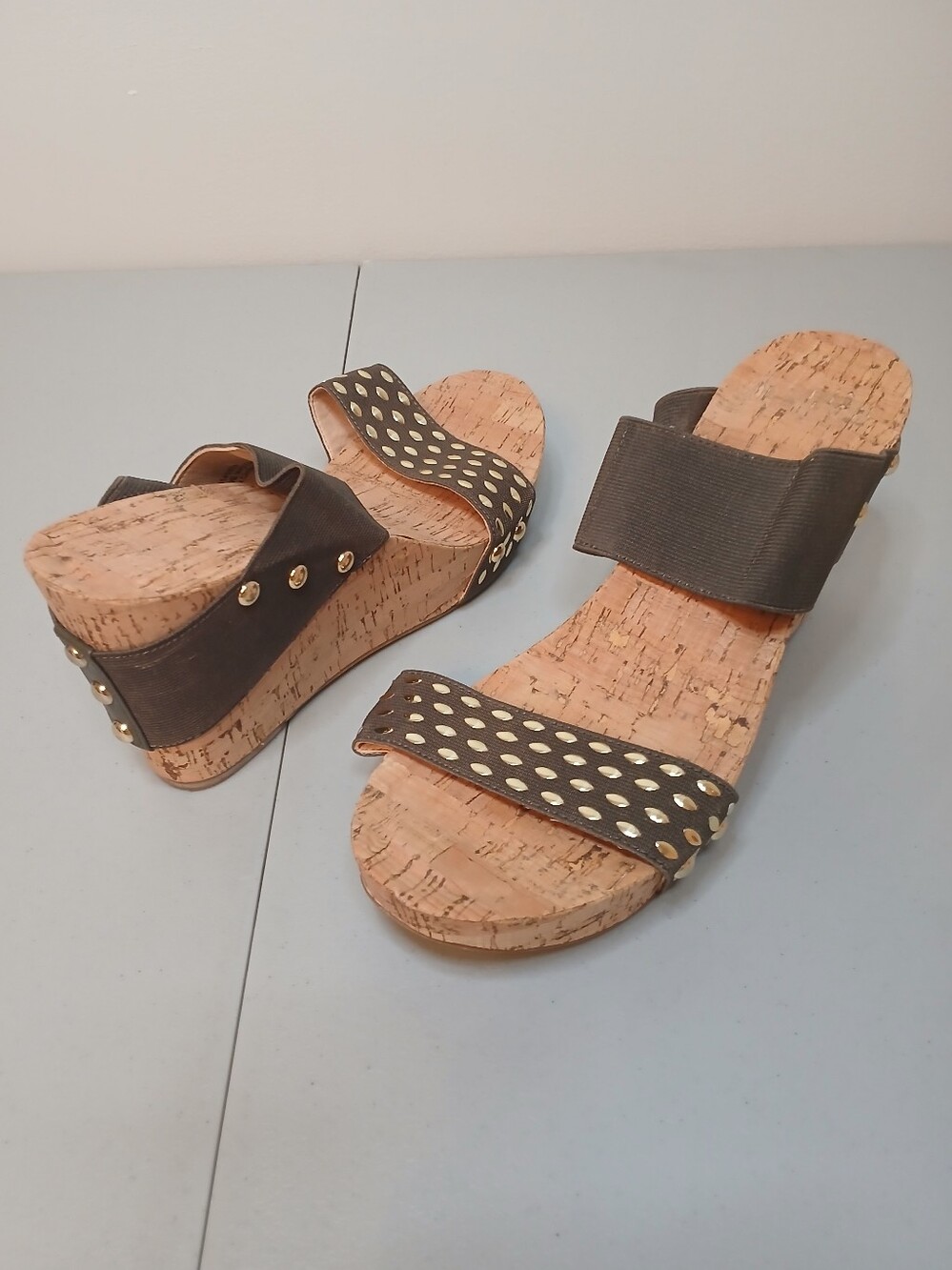 Olive Green & Gold Stud Slip On Cork Wedge Sandal 10M